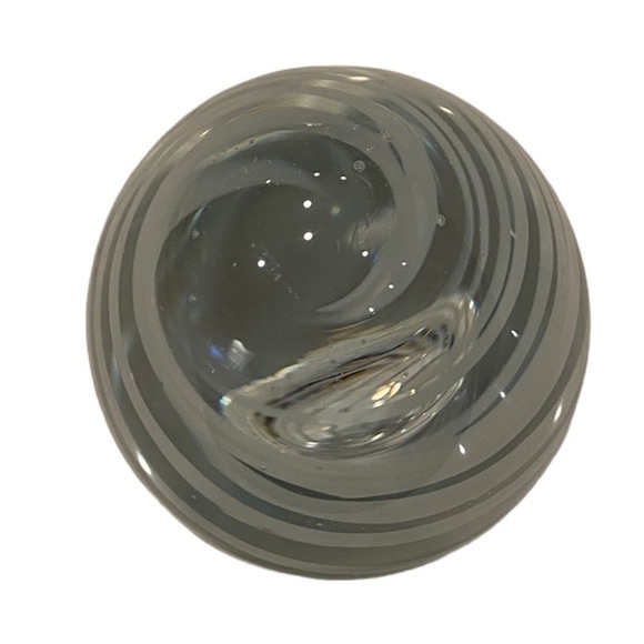 Art Glass Oval Paperweight with One Controlled Bubble Clear with White Swirls - Picture 5 of 11